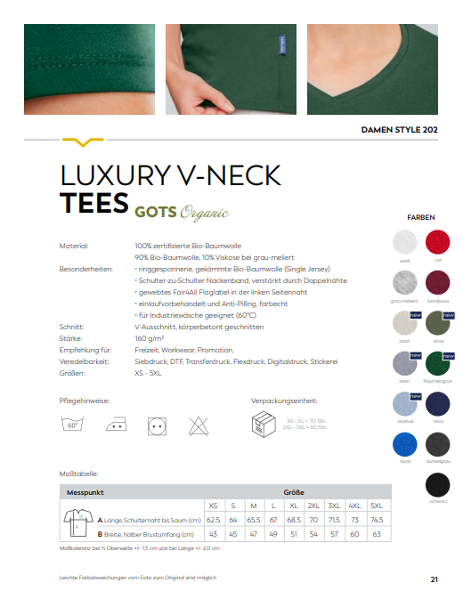 Damen Luxury V-Neck Tees Individuell bestickt (zzgl. Stickerei)